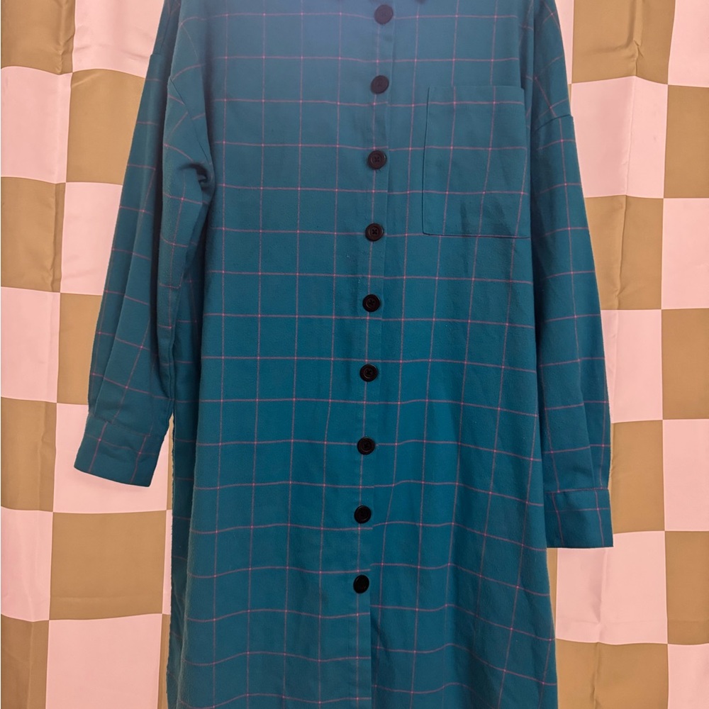 Lazy Oaf Teal Checkered Midi Dress flannel oversized L